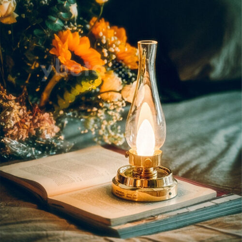 Vintage Brass Rechargeable Oil Lamp – LED Candlelight Night Lamp